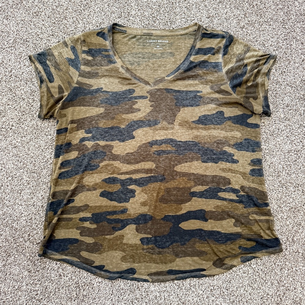 LUCKY BRAND Camo Paper Thin V-Neck T Shirt Women's 2X Breathable Lightweight